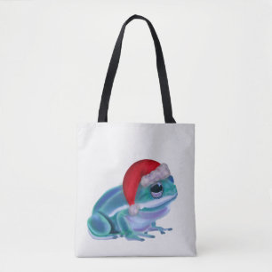 Blauwe kikker met kerstmuts. tote bag