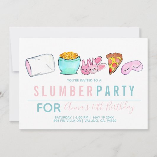 Blauwe kind sleepover slumpartij uitnodiging (Voorkant)