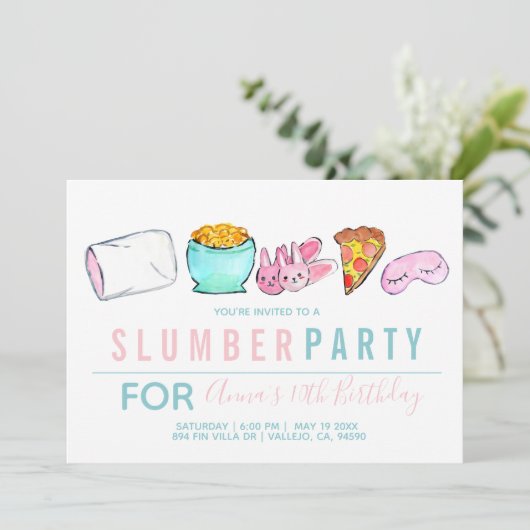Blauwe kind sleepover slumpartij uitnodiging (Staand voorkant)