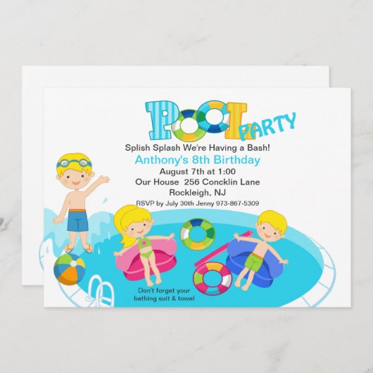 Blauwe Kinder Pool Birthday Uitnodiging (Voorkant / Achterkant)