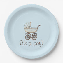 Blauwe kinderwagen baby boy shower bord