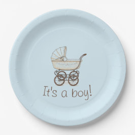 Blauwe kinderwagen baby boy shower bord