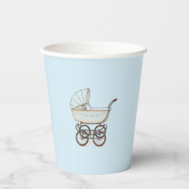 Blauwe kinderwagen baby jongen douchekop papieren bekers