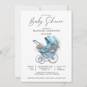 Blauwe  kinderwagen Het is een Boy Baby shower Kaart