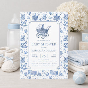 Blauwe kinderwagen jongen baby shower vintage spee kaart