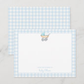 Blauwe kinderwagen met geruite rand baby jongen  bedankkaart (Voorkant / Achterkant)