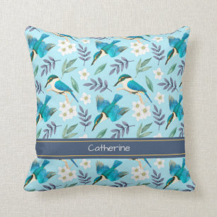 Blauwe  Kingfisher Birds Floral Pattern Name Kussen
