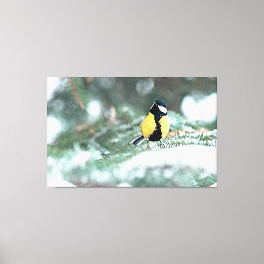 Blauwe kip op groene spar canvas afdruk (Voorkant)