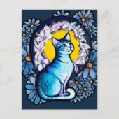 Blauwe Kitty Kat Halo Mucha Stijl Bloemen Briefkaart (Voorkant)