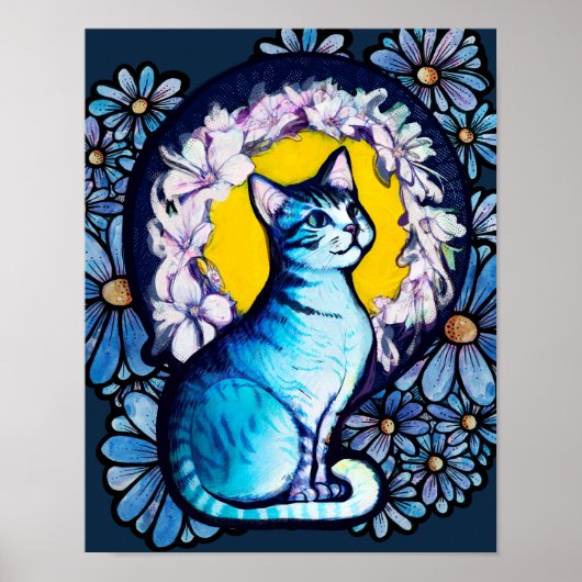 Blauwe Kitty Kat Halo Mucha Stijl Bloemen Poster (Voorkant)