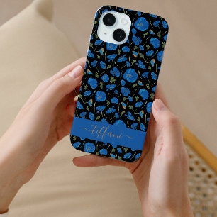 Blauwe Klaproos Bloemen Zwart Botanisch Patroon iPhone 15 Case