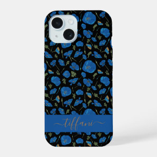 Blauwe Klaproos Bloemen Zwart Botanisch Patroon iPhone 15 Case