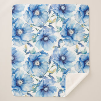 Blauwe klaprozen bloemmotief sherpa deken