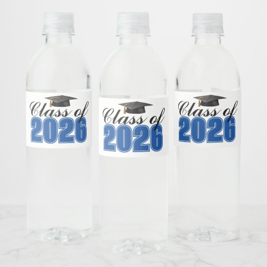 Blauwe klas van 2026 afstudeerfeest waterfles etiket (Flessen)
