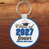 Blauwe klas van 2027 senior aangepaste middelbare sleutelhanger (Voorkant)
