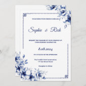 Blauwe klassieke bloemenbruiloft uitnodiging (Voorkant / Achterkant)