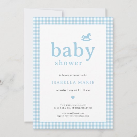 Blauwe Klassieke Gingham Baby Shower Uitnodiging (Voorkant)