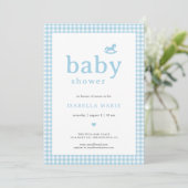 Blauwe Klassieke Gingham Baby Shower Uitnodiging (Staand voorkant)