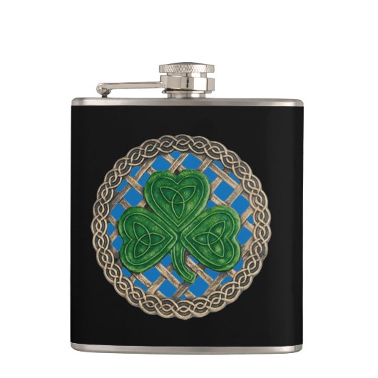 Blauwe Klaverblad Op Keltische Knopen Fles Heupfles (Voorkant)