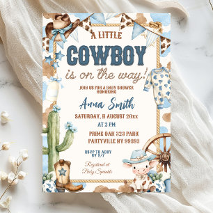 Blauwe Kleine Cowboy Op Weg Baby Shower Kaart