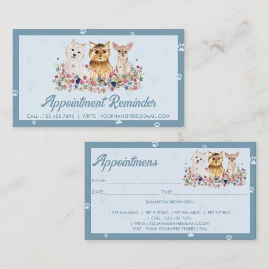 Blauwe Kleine Honden Poot Pet Sitter Afspraak Visitekaartje (Voorkant / Achterkant)