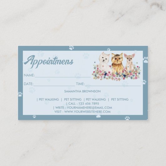 Blauwe Kleine Honden Poot Pet Sitter Afspraak Visitekaartje (Achterkant)