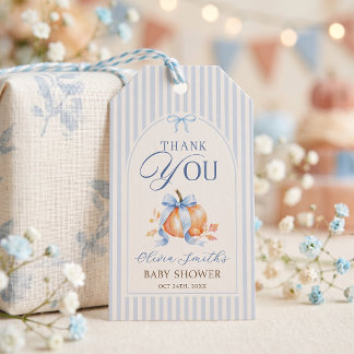 Blauwe Kleine Pompoen Herfst Baby Shower Cadeautag Cadeaulabel