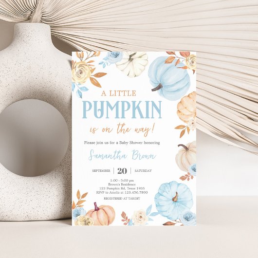 Blauwe Kleine Pompoen Herfst Baby Shower Kaart