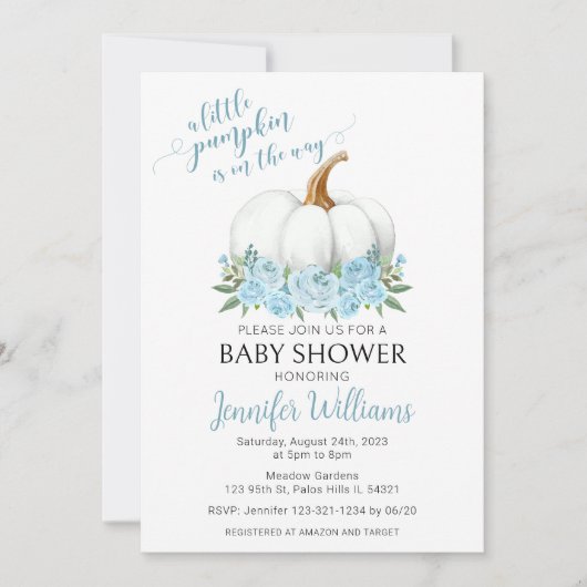 Blauwe kleine pompoen jongen baby shower uitnodigi kaart (Voorkant)
