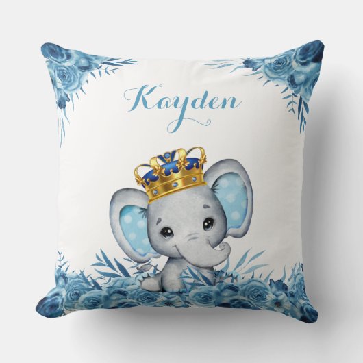 Blauwe kleine prins Floral Elephant Baby Kussen (Voorkant)