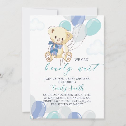 Blauwe Kleine Teddybeer Baby shower Uitnodiging (Voorkant)