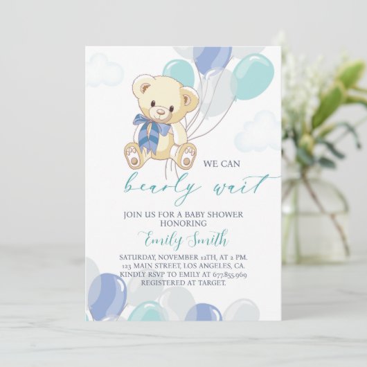 Blauwe Kleine Teddybeer Baby shower Uitnodiging (Staand voorkant)