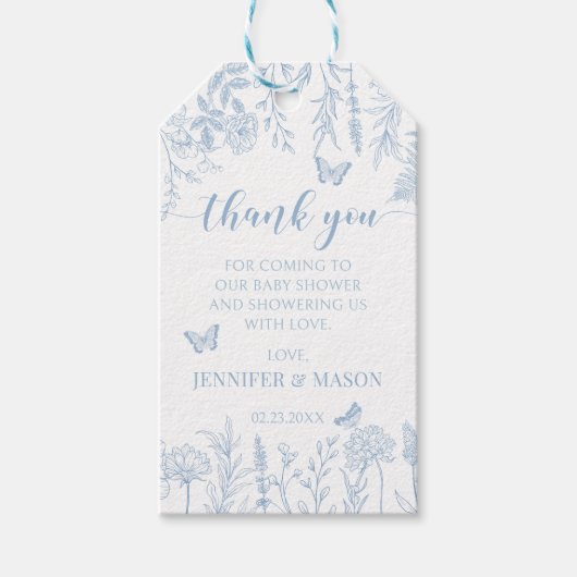 Blauwe kleine vlinder baby jongen douche dank u cadeaulabel (Voorkant)