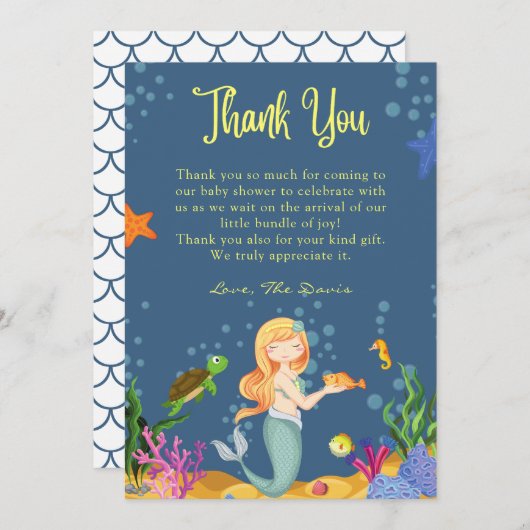 Blauwe kleine zeemeermin - Bedankt kaarten (Voorkant / Achterkant)