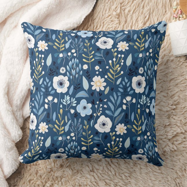 Blauwe kleur met witte en gele  bloemen kussen (Deken)