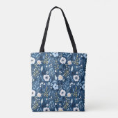 Blauwe kleur met witte en gele  bloemen tote bag (Achterkant)