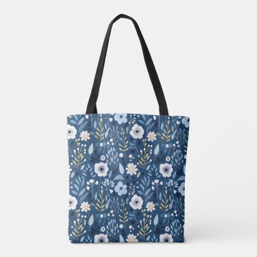 Blauwe kleur met witte en gele  bloemen tote bag (Achterkant)