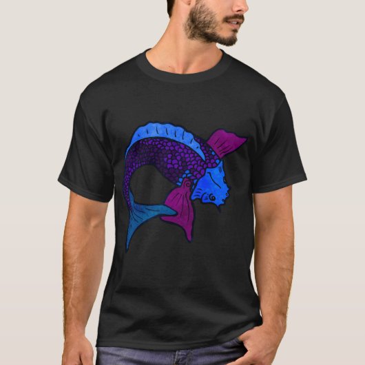 Blauwe Kleur Mooie Vis Ontwerp T-shirt (Voorkant)