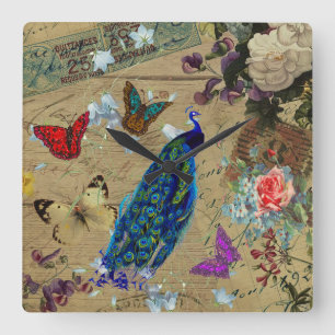 blauwe, kleurrijke peacock Cute Butterfly Vierkante Klok
