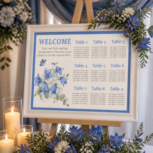 Blauwe Klokjes Bruiloft Zitplaatskaart Poster