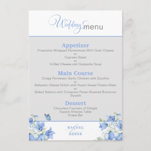Blauwe Klokjes Bruiloftsmenu Menu (Voorkant)