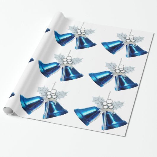 Blauwe klokken en wit Holly inpakpapier (Uitgerold)