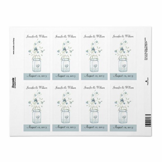 Blauwe klokken in een Mason Jar Wedding Mini Wijn  Etiket (Full Sheet)