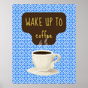 Blauwe koffie kunst print, retro nostalgische koff poster