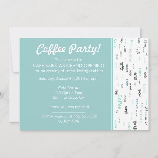 Blauwe koffie winkel/café opening uitnodigingen (Voorkant)