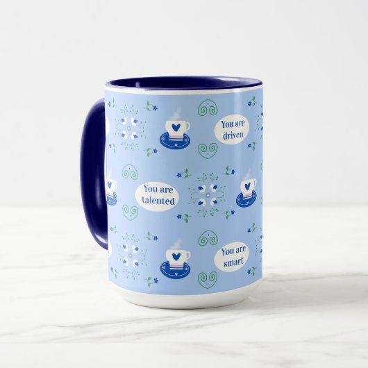 Blauwe koffiebeker Affirmaties Mok  (Voorkant links)