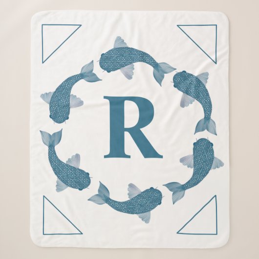 Blauwe Koi-vis rond een monogram initiaal Sherpa Deken (Voorkant)