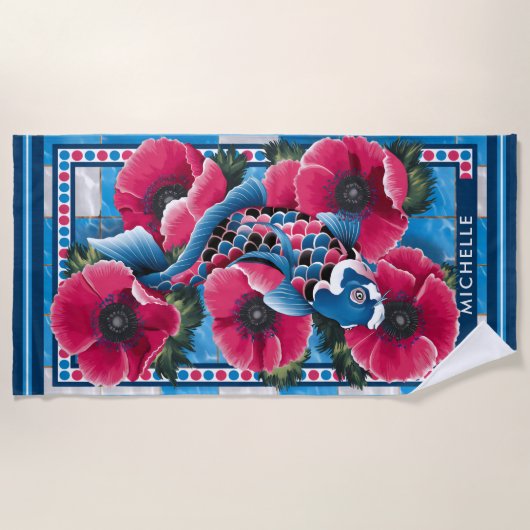 Blauwe Koi Vis & Roze Bloemen Pool Custom Strandlaken (Voorkant)