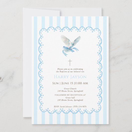 Blauwe kokette duif doopuitnodiging kaart (Voorkant)