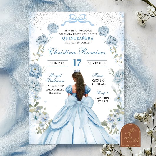 blauwe kokette strik prinses quinceanera kaart